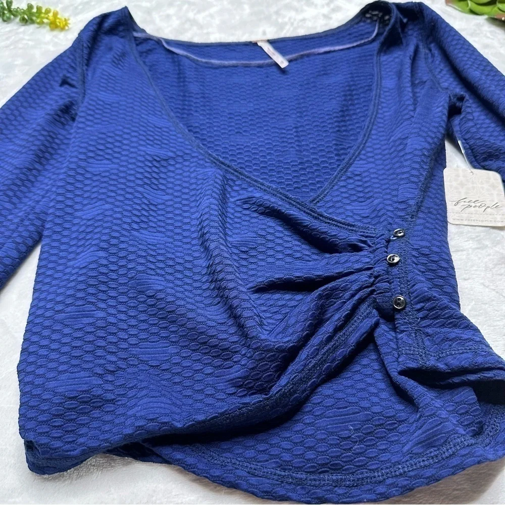 Free People Penny Plunge Neckline Wrap Long Sleeve Stretch Top in Navy Ink NWT